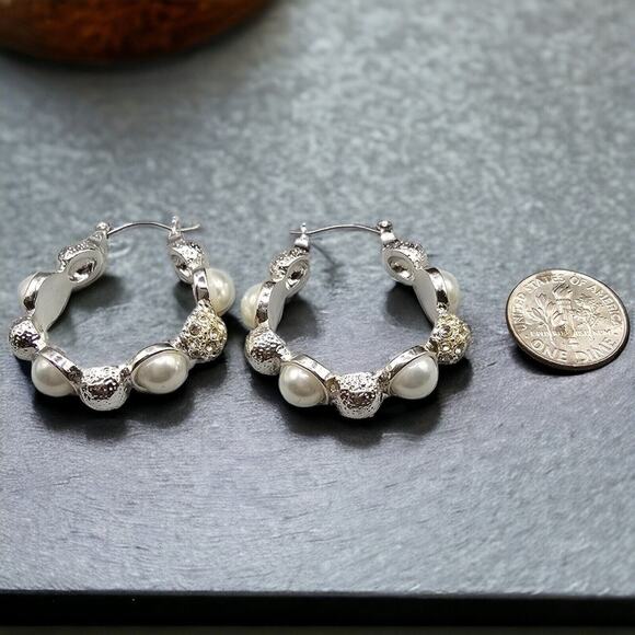 Pierced White Earrings Simulated Half Pearls Rhinestones Hoop Women - Picture 4 of 6